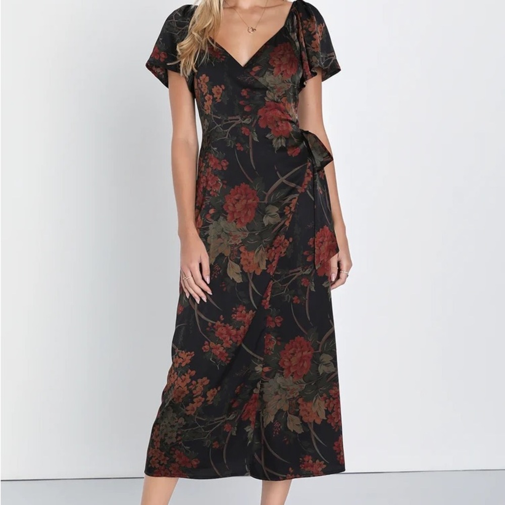 Lulu's Black and Red Floral Midi Dress